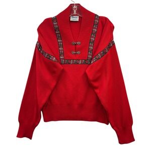 Vintage Meister Women's Red Wool Blend Knit Sweater V-Neck Metal Clasps Retro M